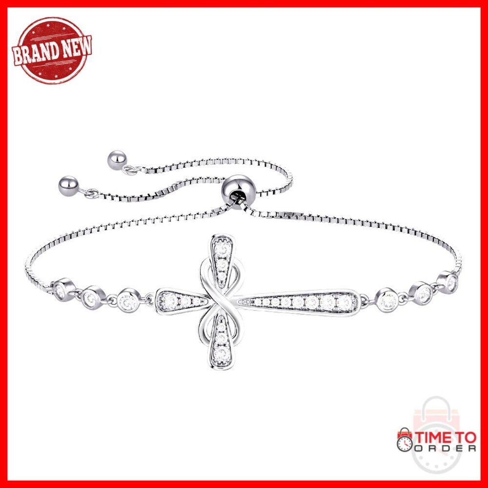 Sterling Silver Infinity Cross Bracelet with Birthstone Cubic Zirconia